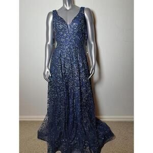 VIENNA PROM Sequin Beaded Plunge Neck Gown SZ 6 Midnight $498